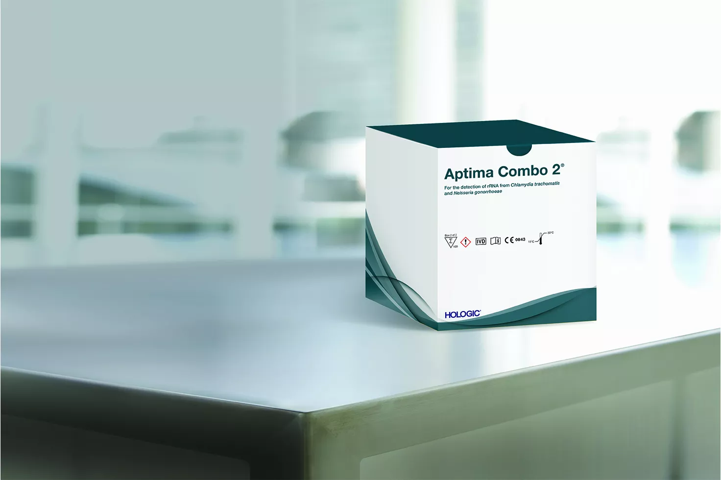 Scatola del test con laboratorio sullo sfondo