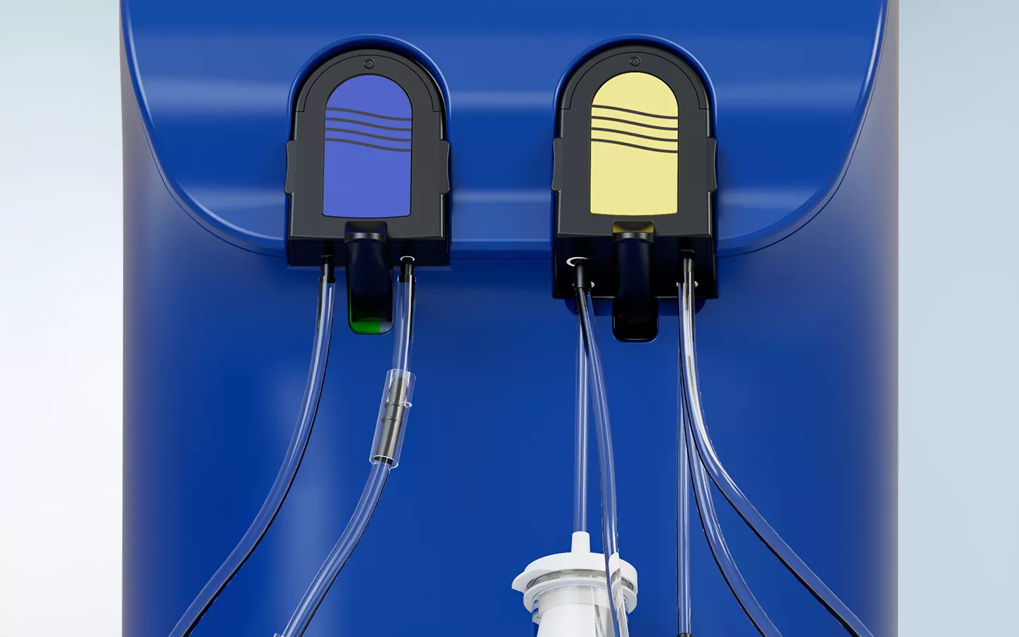 Primo piano delle leve di ritenzione sul sistema di gestione dei fluidi Fluent Pro