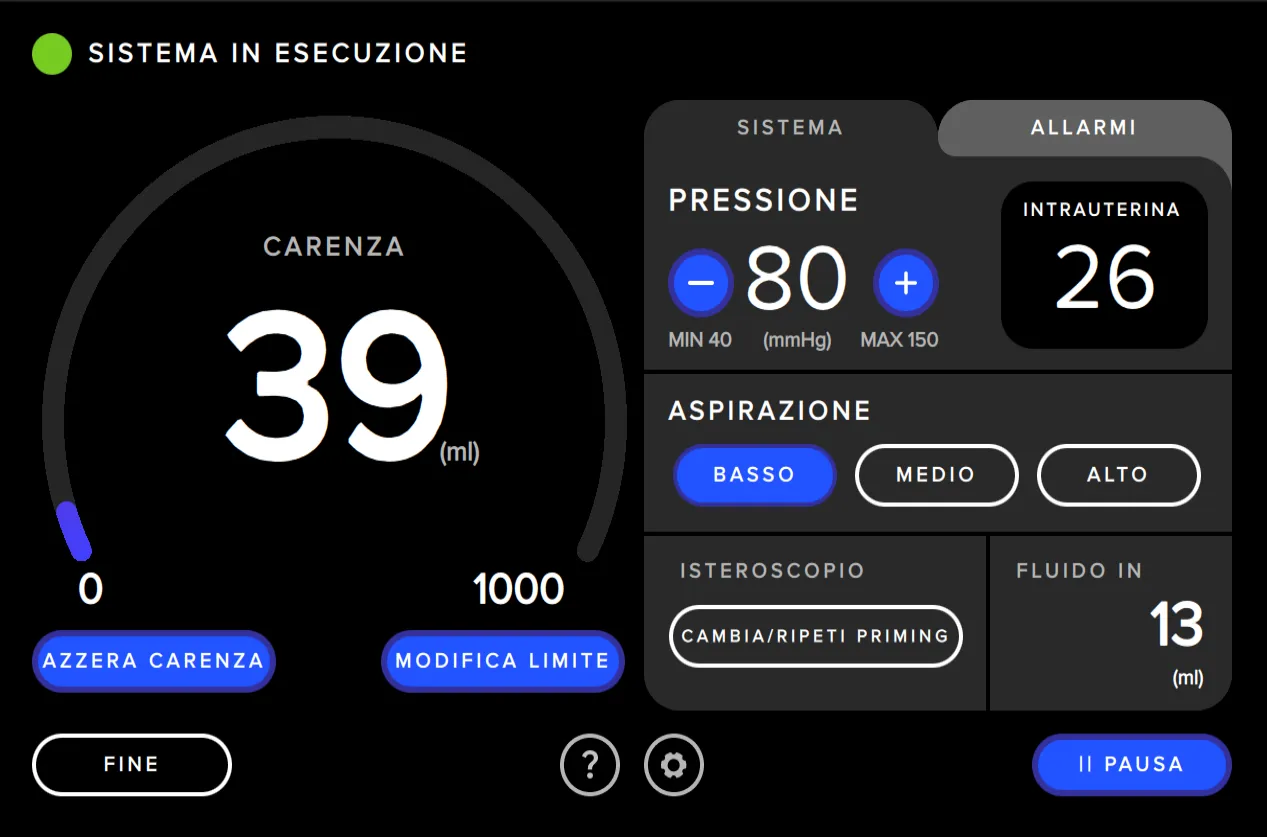 Screenshot dell'interfaccia utente del sistema di gestione dei fluidi Fluent Pro che mostra il controllo dell'aspirazione.